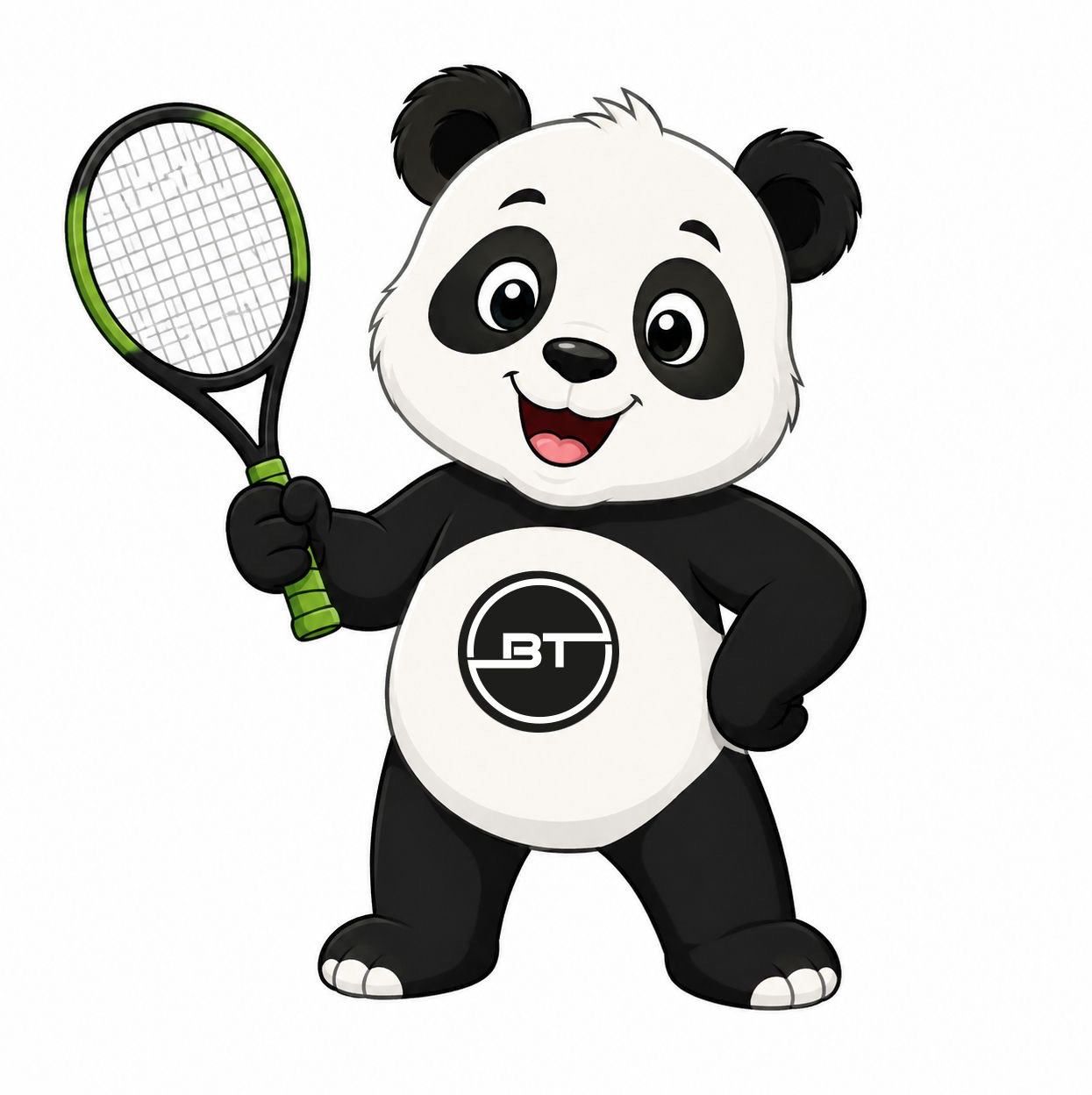 Rajzolt panda teniszező, zöld-fehér teniszütőt tart, mosolyog, mellkasán BT logó látható.